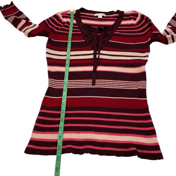 NEW YORK & CO Ribbed Knit Stripe Lace Up Long Sleeve Top Size Small Pink Purple - Picture 9 of 10